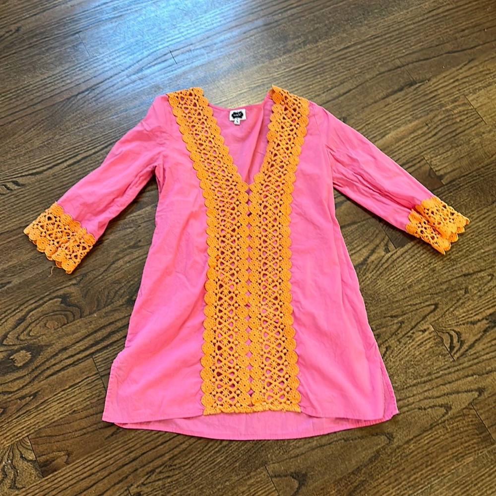 Mud Pie Pink Coverup with Orange Crochet Trim